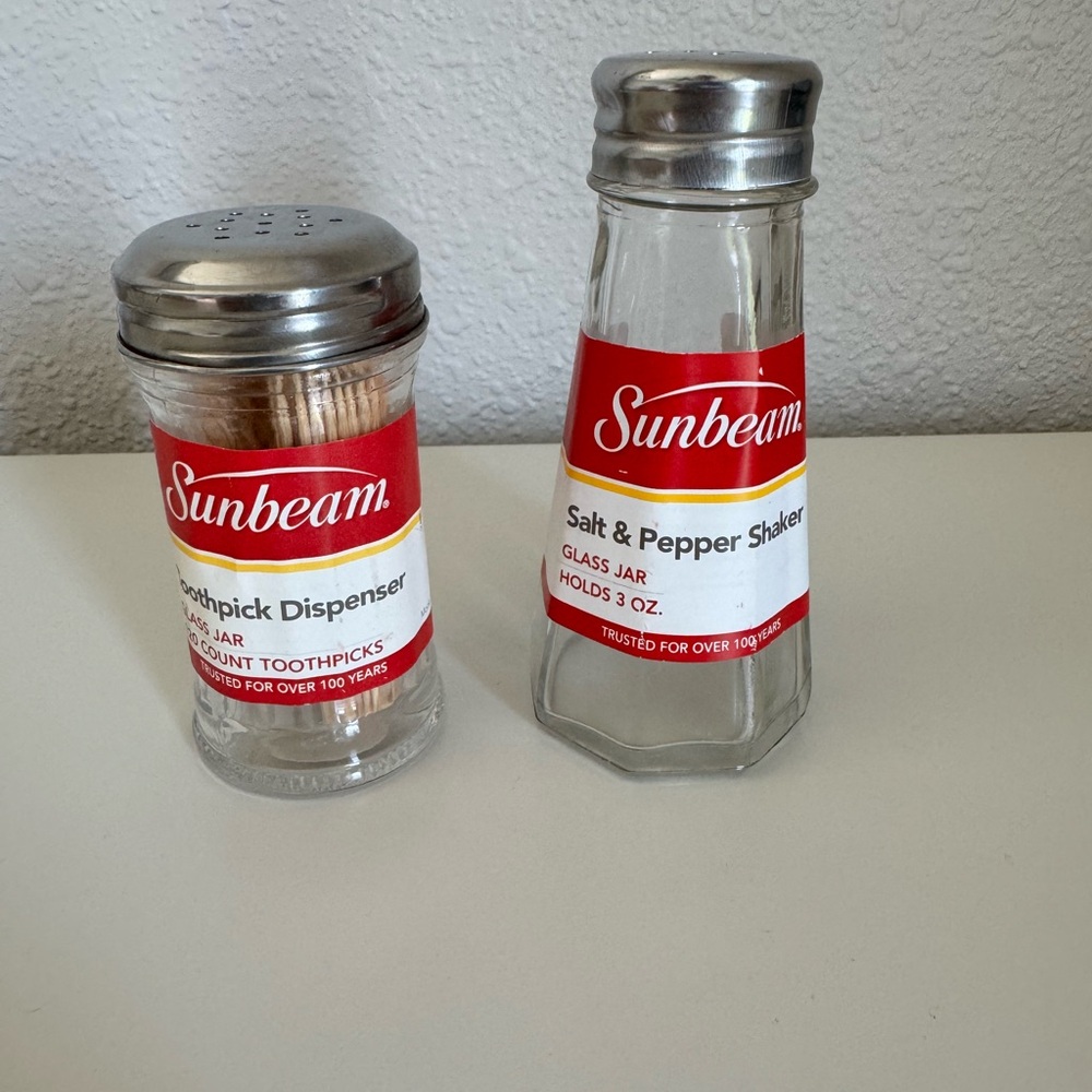 Vintage Sunbeam Red and White Salt & Pepper‎ Shaker w/toothpick dispenser